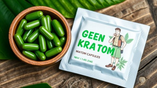Bowl of kratom capsules next to Green Maeng Da package.