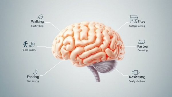 Brain changes with these 6 activities illustration featuring walking, sleep, fasting.