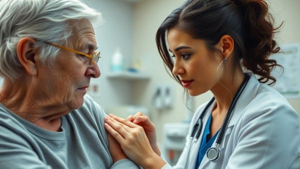 Healthcare worker giving flu vaccination to senior in clinic.