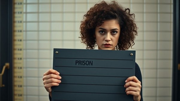 Prison photograph of a woman with curly hair against a height chart.