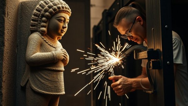 Ancient figurine and man securing museum door with welding sparks
