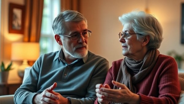Retirement social connections discussion with mature couple indoors.