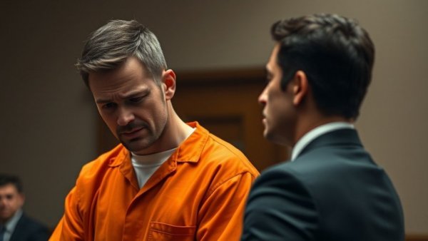 Emotional courtroom scene of man in orange jumpsuit next to a lawyer.
