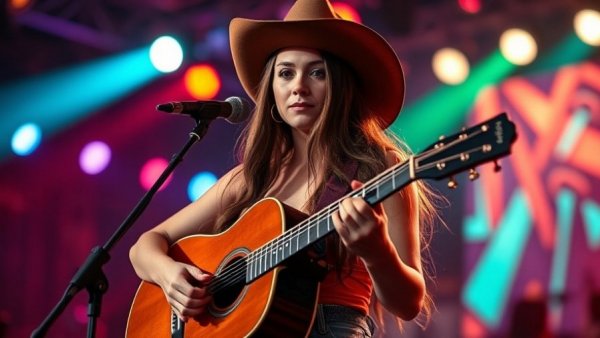 Ella Langley cancels concert in Oklahoma, artist on stage with guitar.