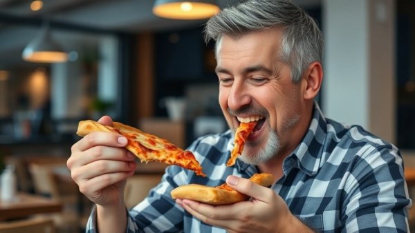 Mature man enjoying pizza, highlighting weight loss after age 50