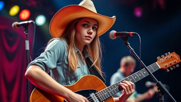 Ella Langley concert with cowboy hat on stage playing guitar.