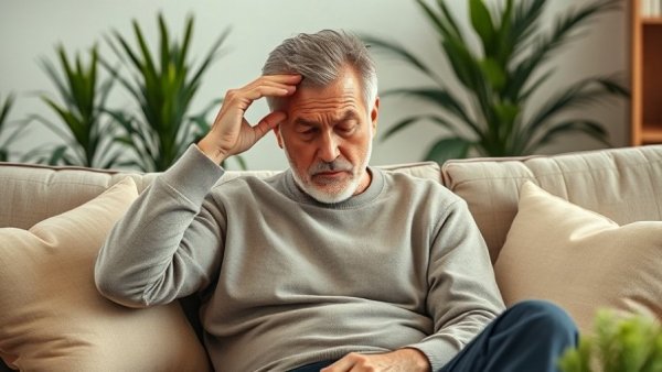 Middle-aged man experiencing headache relief on sofa in cozy living room.
