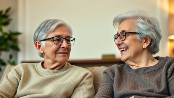 Mature couple discussing happiness after 60 in a cozy room.