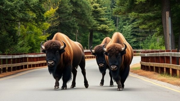 Bison pair walking on Yellowstone road