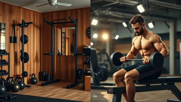 Home gym setup and weightlifting man comparison, highlighting investments.