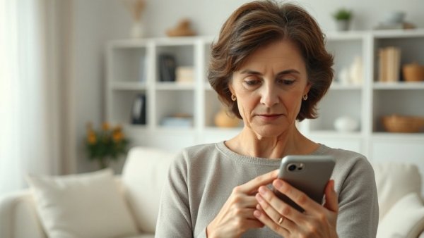 Concerned older woman looking at phone, ADHD dementia risk adults over 50