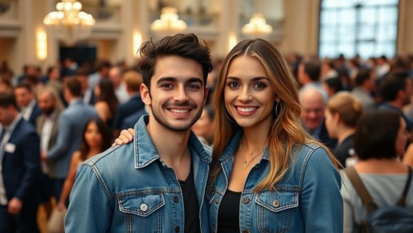 Stylish couple in denim outfits at an event