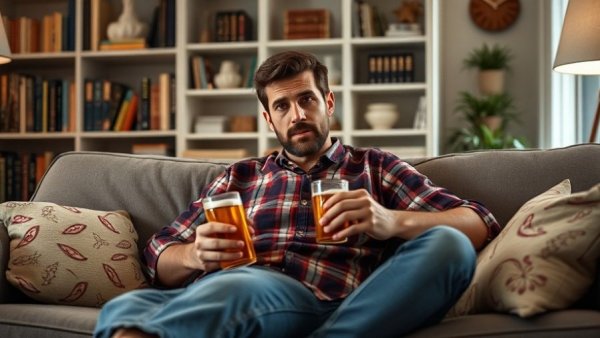 Man pondering while eating chips with beer; ultra-processed foods and brain damage.