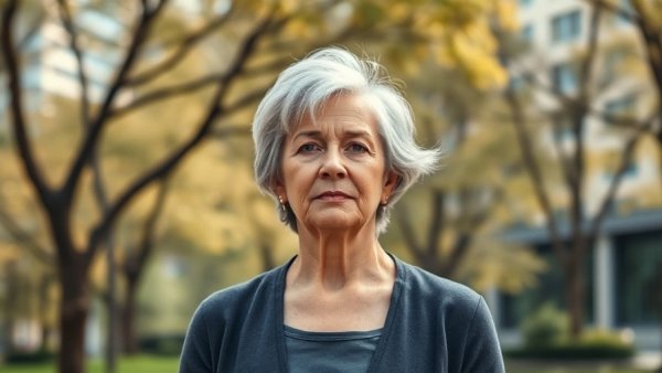Confident older woman in park, highlighting importance of early cancer detection.