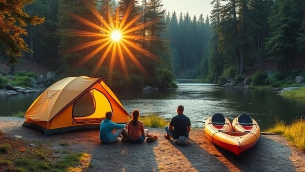 Tent camping and kayaking in Louisiana by a scenic river at sunset.