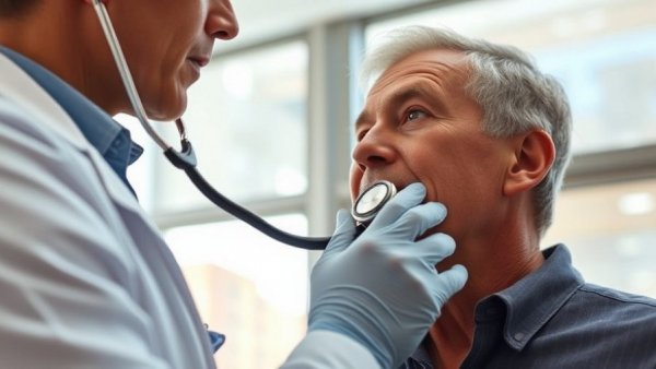 Lung cancer screening exam with doctor using stethoscope.