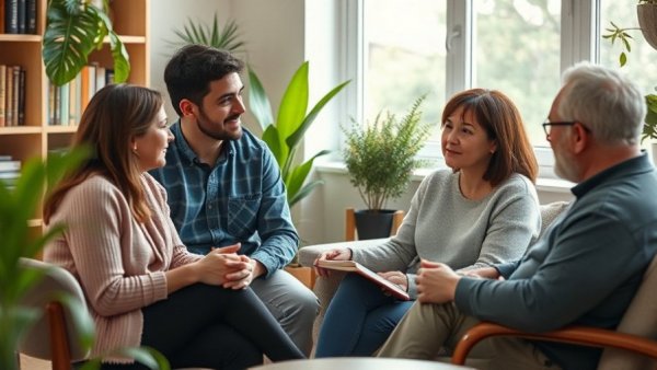 Family therapy session discussing estrangement, with a therapist and two clients.