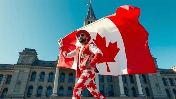 Canadian flag-themed outfit at Alberta Independence Referendum event.