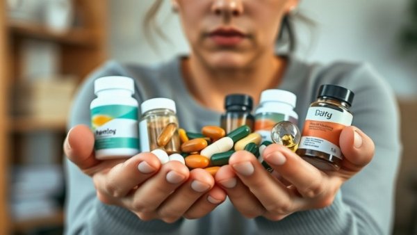 Close-up of hand holding various supplements, considering use without blood test.