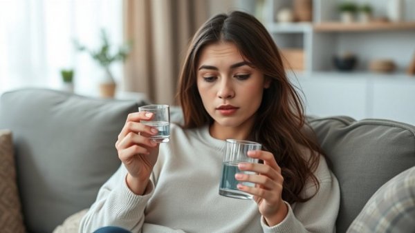 ADHD higher death rate: Woman contemplating medication indoors.