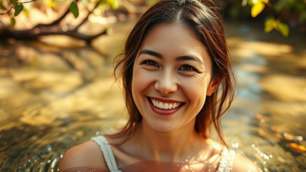 Smiling woman surrounded by water textures and natural background.