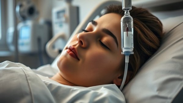 Patient resting before surgery with IV drip, sleep aids.