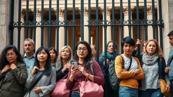 Louvre museum closure due to protests; people stand outside gates.