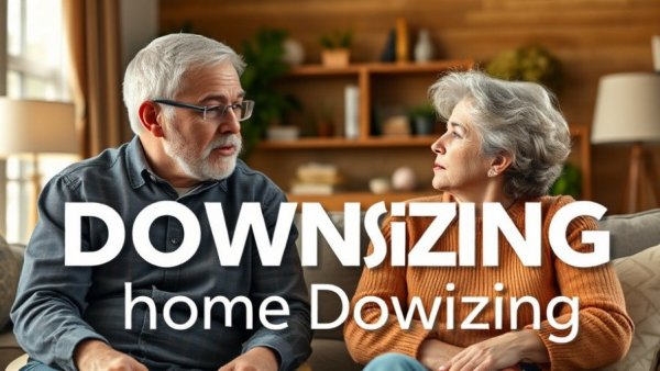 Mature couple discussing downsizing for happiness in retirement.