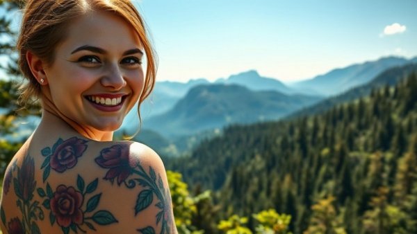 Vibrant mountain scene with smiling women and a floral tattoo