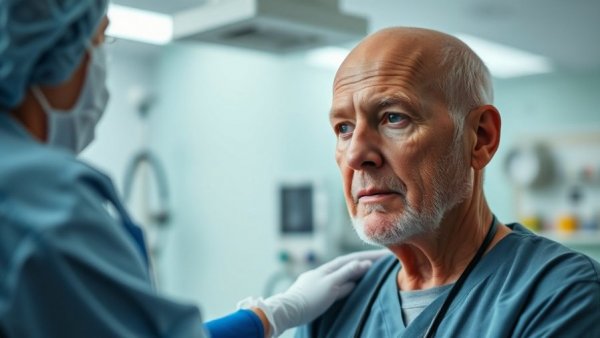 Elderly man receiving a new prostate cancer diagnostic test in hospital.