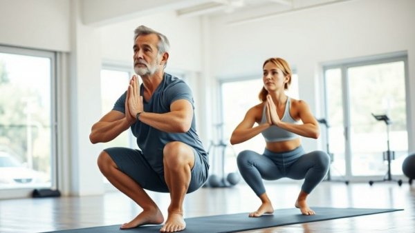 Lower blood pressure with weekly exercise: Man and woman in yoga class.