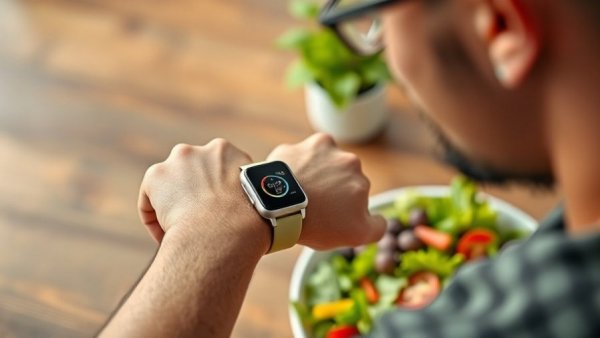 Smartwatch tracking blood sugar level management during meal with salad