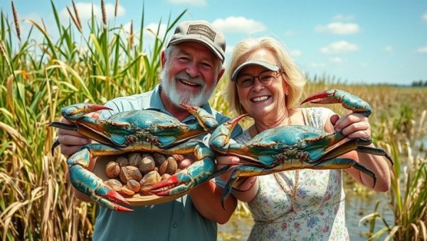 Giant Blue Crabs Louisiana Catch and Cook with happy couple in marsh.