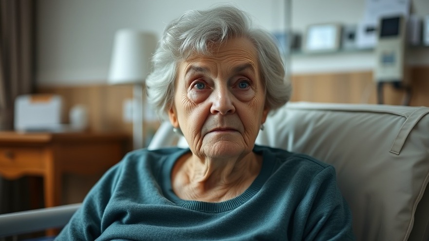 Elderly woman in nursing care facility, serious and contemplative expression.