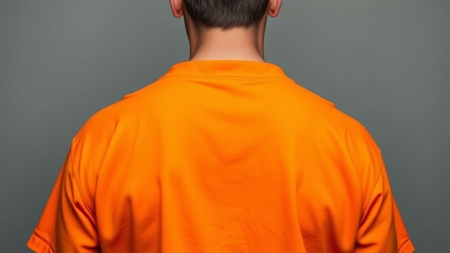 Photorealistic image of a man in an orange prison shirt, illustrating themes of domestic abuse and community safety.