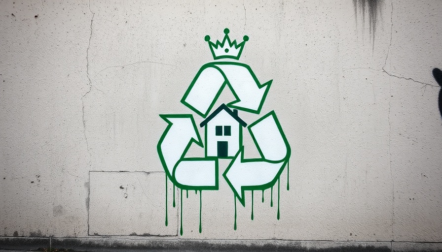 Graffiti depicting recycle symbol with crown and house, promoting sustainability.