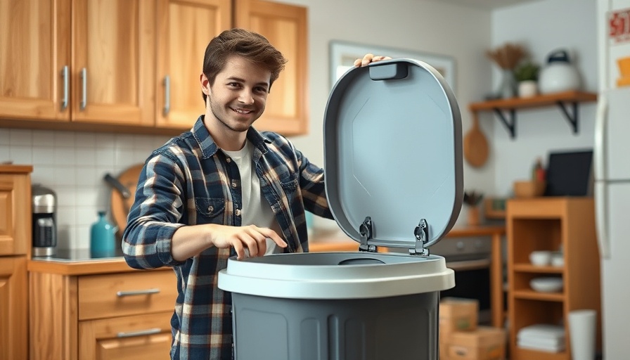 Young man demonstrates automatic garbage can lid for cleaner cooking in kitchen.