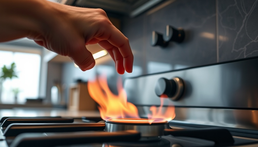 Hand adjusting stove knob with flame in a photorealistic modern kitchen, showcasing sustainable heating.