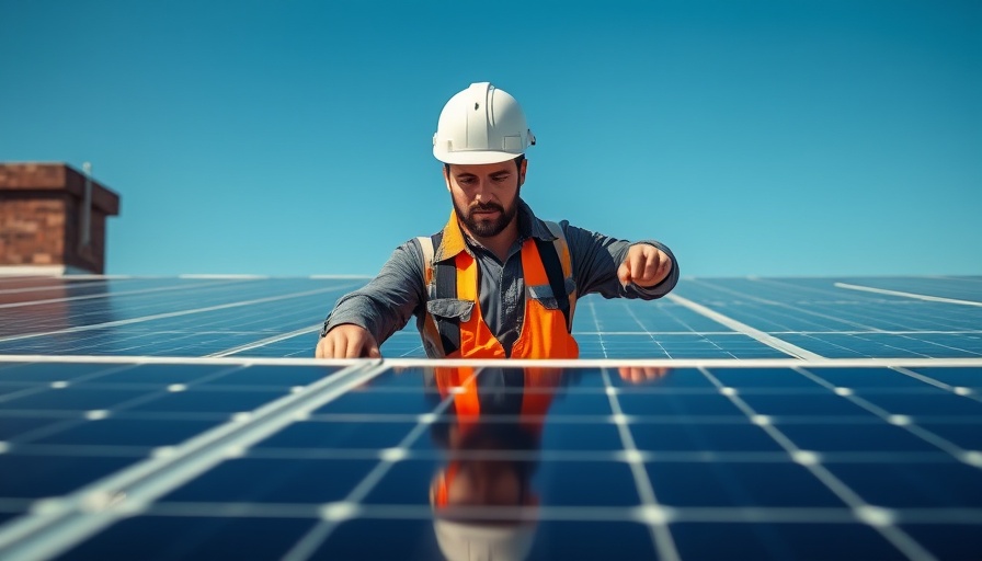 Worker inspecting solar panels under blue sky.