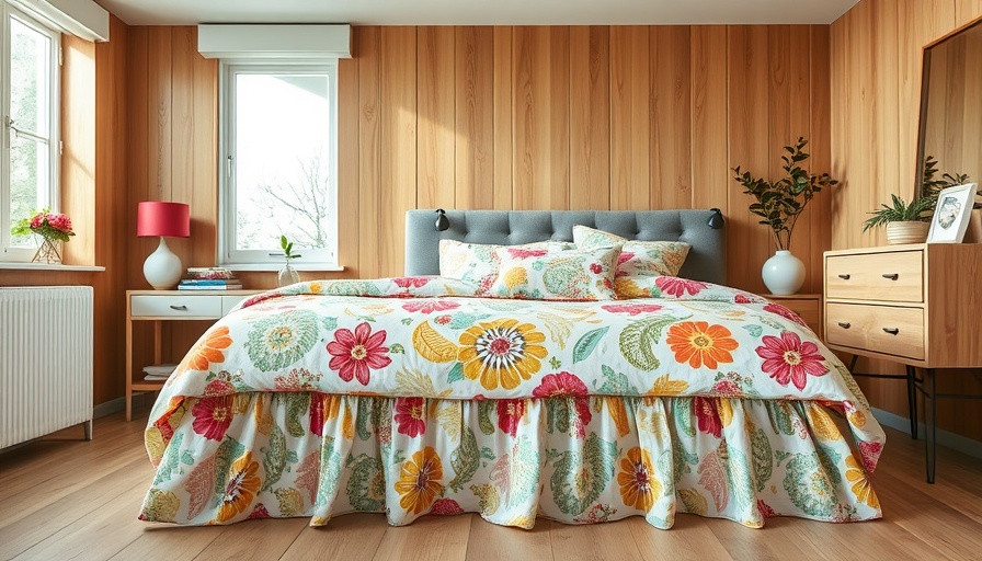 Cozy bedroom with patterned bed skirt and floral bedding.