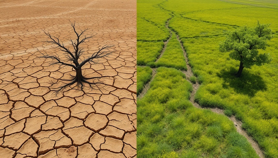 Dual landscape showing the impact of global warming with a barren and green contrast.