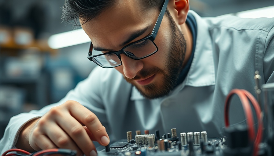 Technician repairing electronics, Eco-Conscious Electronics Brand focus.