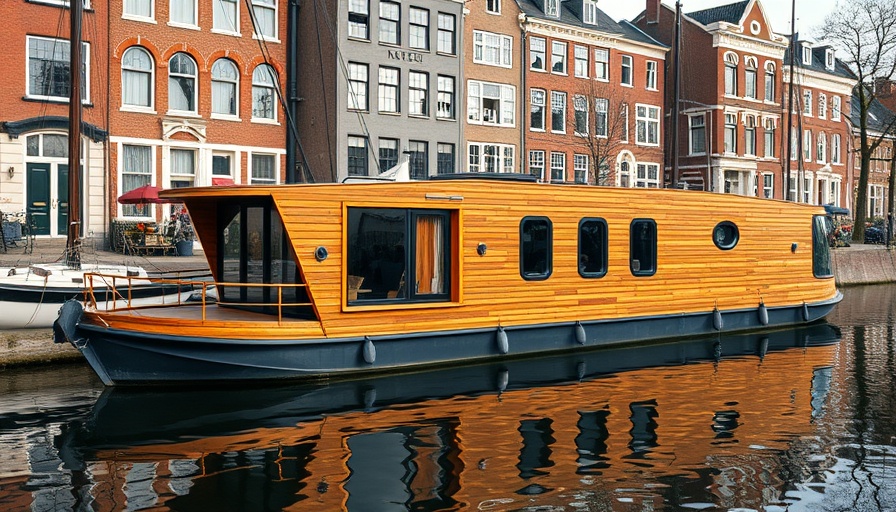 Modern Amsterdam houseboat for rent on a calm canal.