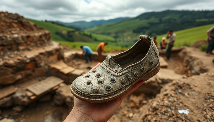 Ancient Roman shoe at an excavation site with archaeologists in rural setting.