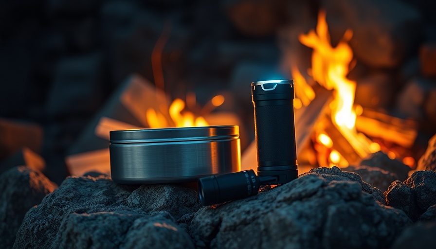 Innovative camping gadgets near a campfire showcasing sleek designs.