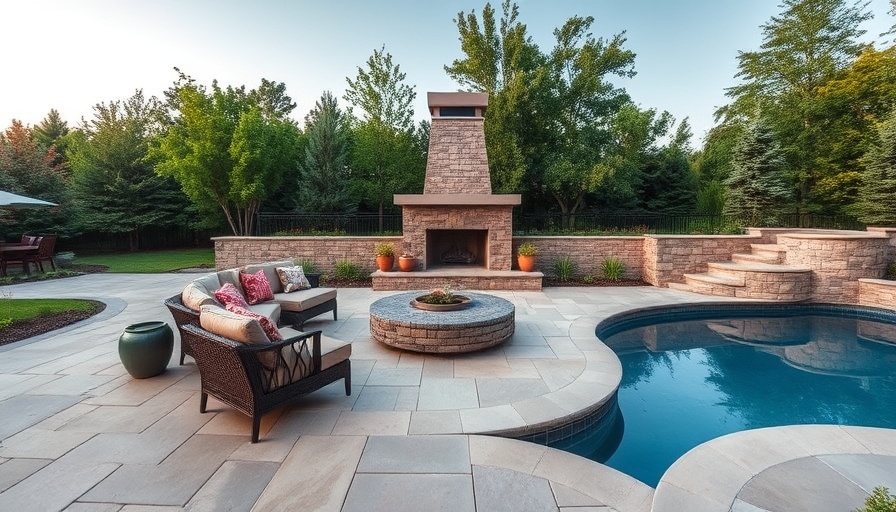 Elegant hardscape patio design with fireplace and modern seating.