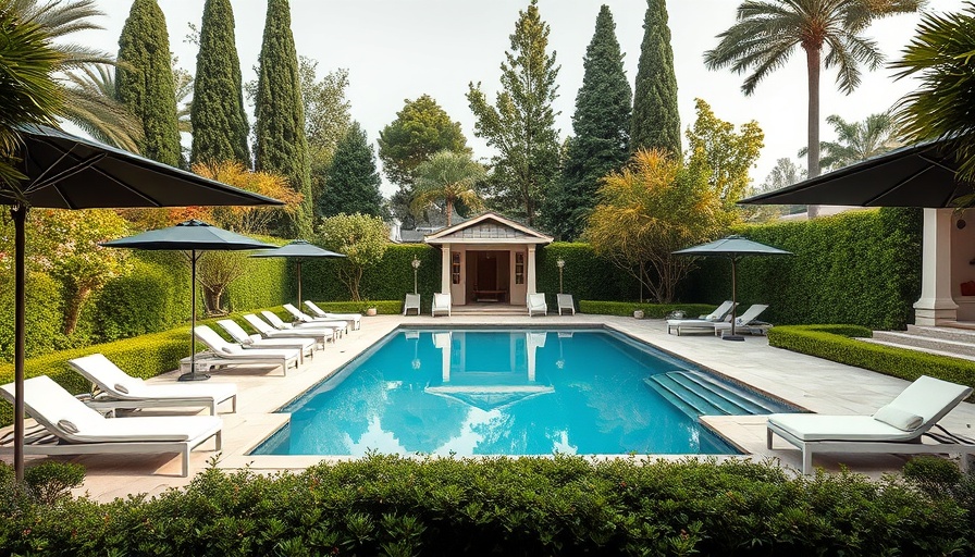 Luxurious backyard pool and lounge area designed by a landscape designer.