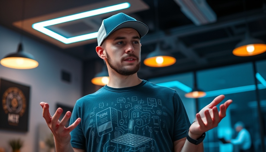 Man explaining smart home assistants, modern neon-lit room.