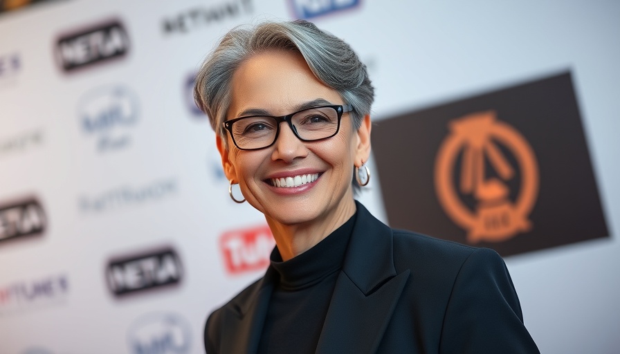 Smiling person in black attire at branded event backdrop.