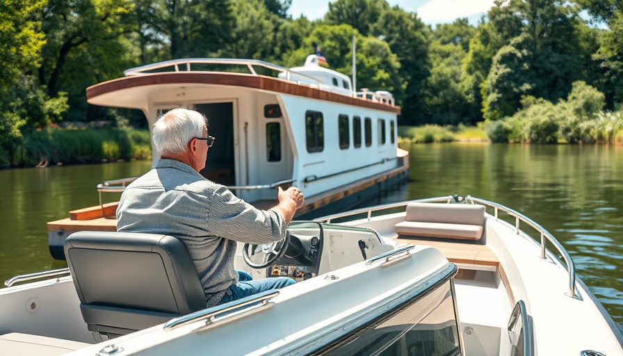 Houseboat adventures: Man navigates motorboat near houseboat.